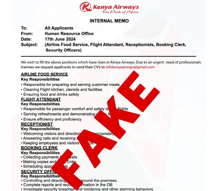 Kenya Airways warns Kenyans against fake job advert